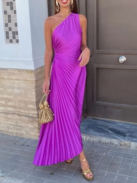 

Regular Fit One Shoulder Plain Elegant Dress, Purple, Maxi Dresses