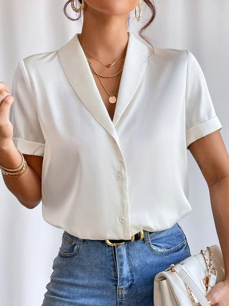 

Plain Simple Shawl Collar Loose Blouse, White, Shirts & Blouses
