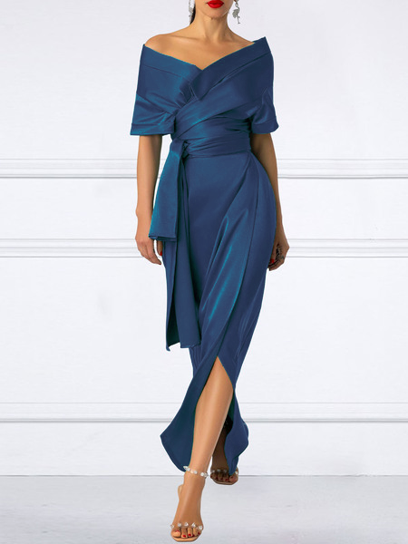 

Plain Elegant V Neck Regular Fit Split Dress Wedding, Blue, Maxi Dresses