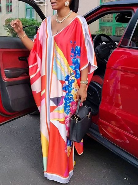 

Loose V Neck Geometric Vacation Dress, As picture, Maxi Dresses