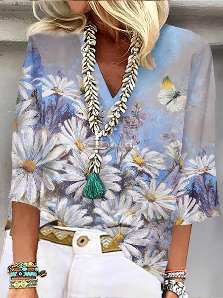 

V Neck Vacation Floral Loose Shirt, Blue, Shirts & Blouses