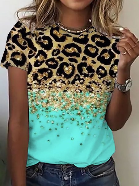 Casual Leopard Crew Neck Loose T Shirt