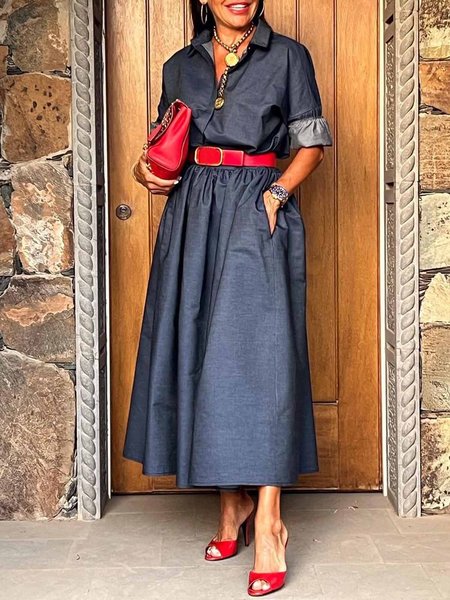 

Elegant Plain Shirt Collar Faux Denim Dress, Blue, Midi Dresses