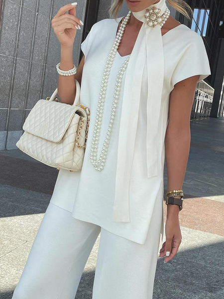 

High Elasticity Urban V neck Short sleeve Loose Shirt, Off white, Blouses and Shirts