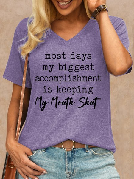 

Women's funny Most Days My Biggest Accomplishment Is Keeping My Mouth Shut Casual Crew Neck T-Shirt, Purple, T-shirts