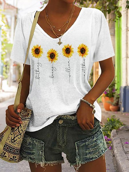 

Women Casual Floral Sunflower V Neck Short Sleeve Summer T-Shirt, White, Tees & T-shirts