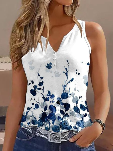 

Casual Buttoned Regular Fit Floral Tank Top, Blue, Tanks & Camis