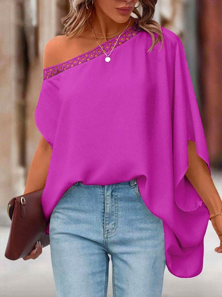 

Short sleeve Elegant One Shoulder Plain Shirt, Rose red, Blouses and Shirts