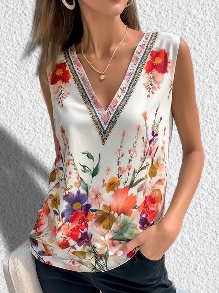 

Casual Loose V Neck Floral Tank Top, White, Tanks & Camis