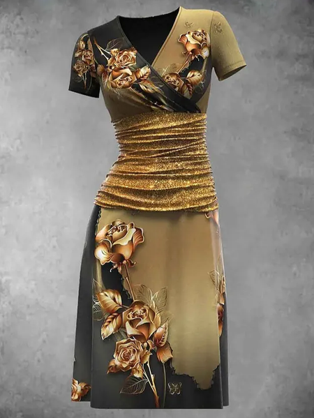 Floral V Neck Casual Loose Dress, Golden, Dresses