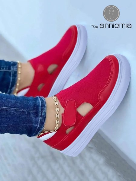 

Breathable Hollow out Velcro Flyknit Sneakers, Red, Flats