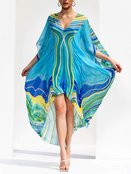 

Vacation Loose Ocean Pattern V Neck Dress, Blue, Midi Dresses