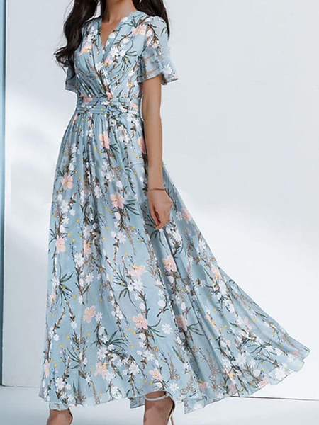

V Neck Regular Fit Vacation Color Block Dress, Blue, Formal Dresses
