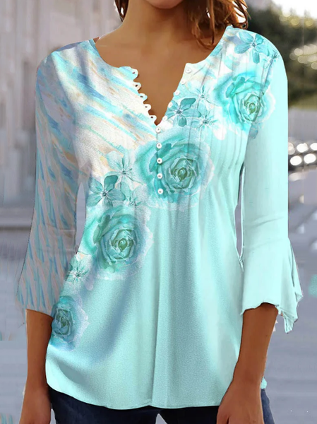 

Floral Casual Crew Neck Shirt, Aqua, Shirts & Blouses