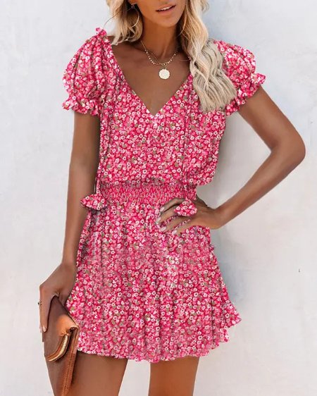 

Loose Floral Crew Neck Casual Dress, Red, Dresses