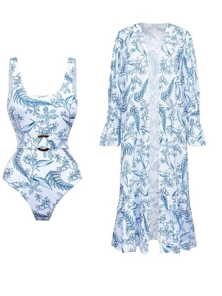 

Vacation Plants Printing One Piece With Cover Up, Blue, swimwear>>One-Pieces