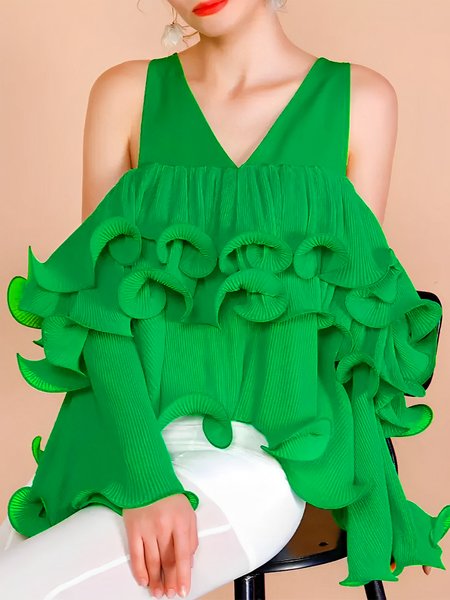 

Loose Vacation V Neck Plain Shirt, Green, Blouses and Shirts