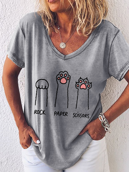 

Women's Cute Cat Rock Paper Scissors Simple V Neck Loose T-Shirt, Gray, T-shirts