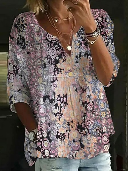

V Neck Casual Loose Ethnic Shirt, Purple, Shirts & Blouses