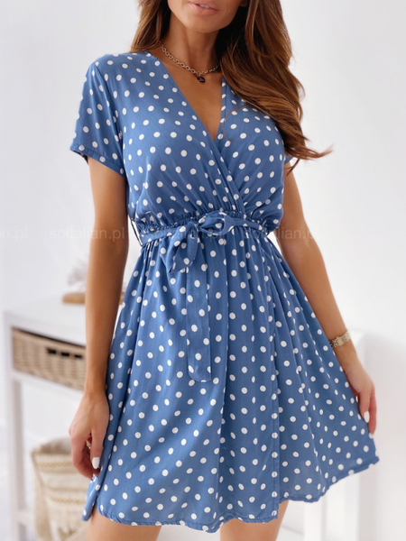 

Casual Loose Polka Dots V Neck Dress, Blue, Dresses