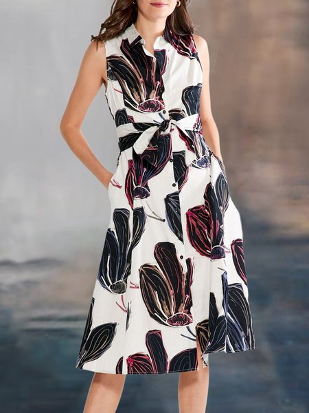 

Shirt Collar Floral Elegant Regular Fit Shirt Dress, White, Midi Dresses