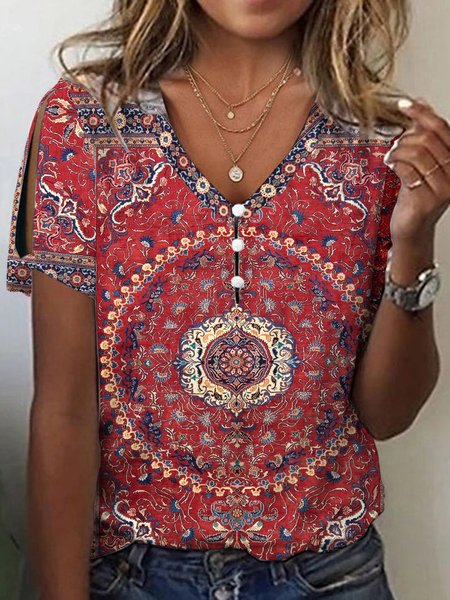 

Womens Casual V Neck Persian Rug Ethnic T-Shirt, Red, T-Shirts