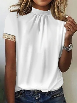 

Lace Edge Crew Neck Elegant Shirt, White, Shirts & Blouses