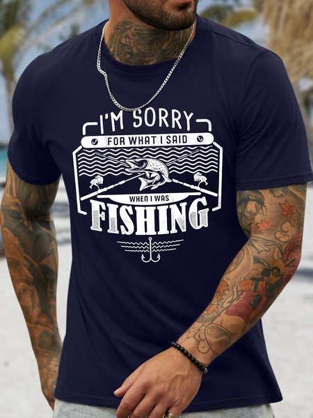 

Men's I'm Sorry For What I Said When I Was Fishing Funny Graphic Printing Cotton Casual Crew Neck Text Letters T-Shirt, Purplish blue, T-shirts
