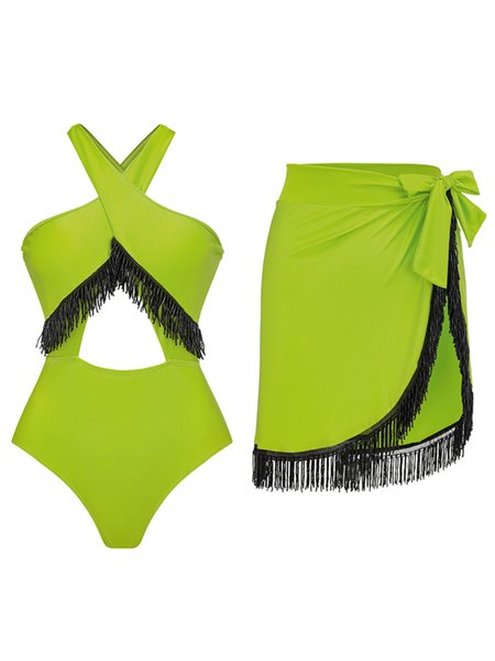 

Vacation Plain Tassel V Neck One Piece With Cover Up, Green, Swimsuit with Coverups