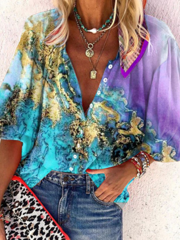 

Casual Loose Gradient Pattern V Neck Blouse, Blue, Shirts & Blouses