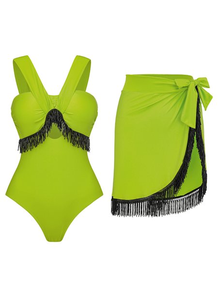 

Vacation Plain Tassel Strapless One Piece With Cover Up, Green, Swimsuit with Coverups