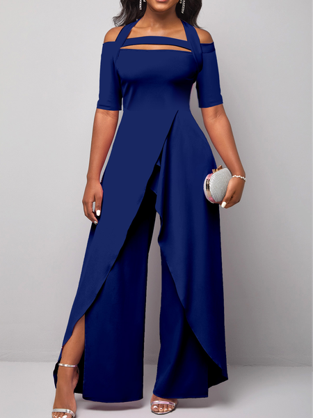 

Short Sleeve Cold Shoulder Black Jumpsuit, Navyblue, Jumpsuits＆Rompers