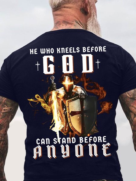 

Men's He Who Kneels Before God Can Stand Before Anyone Knight Of Religion Funny Graphic Printing Loose Casual Cotton Crew Neck T-Shirt, Purplish blue, T-shirts