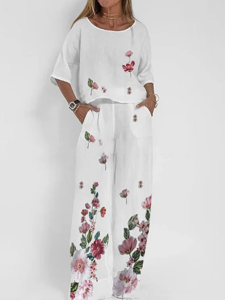 

Crew Neck Floral Casual Two-Piece Set, White, Suit Set