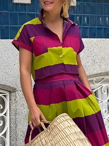 

Shirt Collar Loose Urban Short sleeve Striped Blouse, Multicolor, Blouses and Shirts