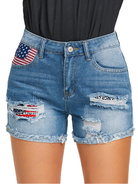 

Women's America Flag Hole Patch Denim Shorts, Light blue, Jeans