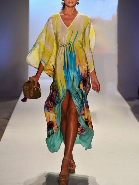 

Plus Size Regular Fit Elegant V Neck Abstract Dress, Yellow, Plus Dresses