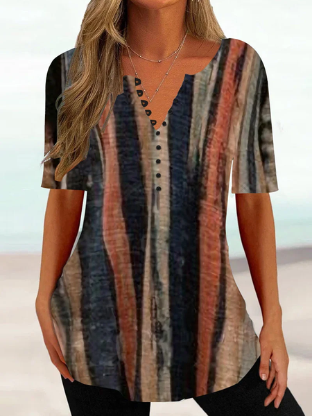 

Buttoned Half Open Collar Loose Casual Shirt, Brown, Shirts & Blouses