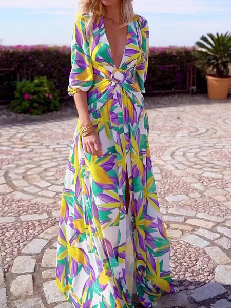 

Regular Fit Floral V neck Short sleeve Vacation Maxi Dress, As picture, Maxi Dresses