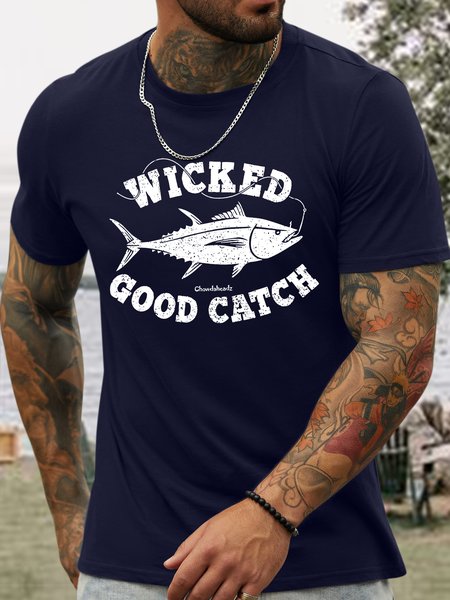 

Men's Wicked Good Catch Funny Fishing Graphic Printing Casual Cotton Text Letters T-Shirt, Purplish blue, T-shirts