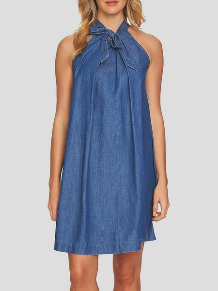 

Halter Vacation Denim Regular Fit Denim Dress, Blue, Mini Dresses