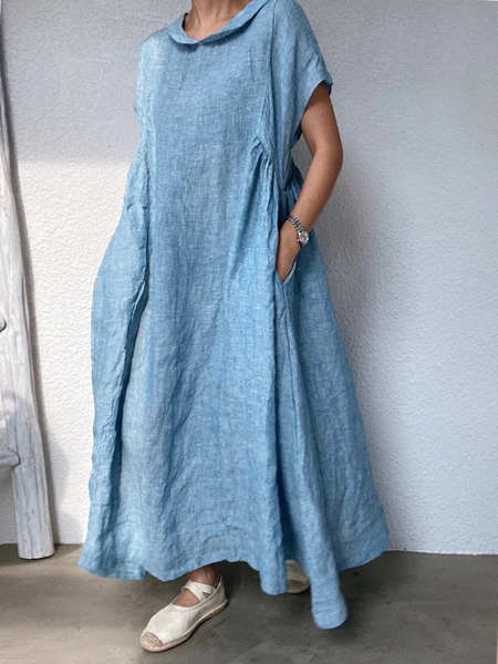 

Linen Loose Shawl Collar Dress, Blue, Dresses