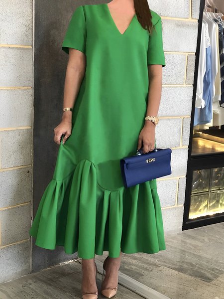 

Loose Vacation Plain V Neck Short Sleeve Maxi Dress, Green, Maxi Dresses