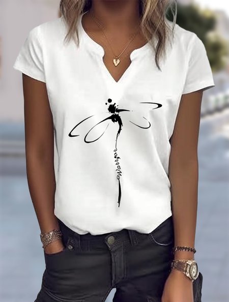 

Loose Casual V Neck Dragonfly T-Shirt, White, T-Shirts
