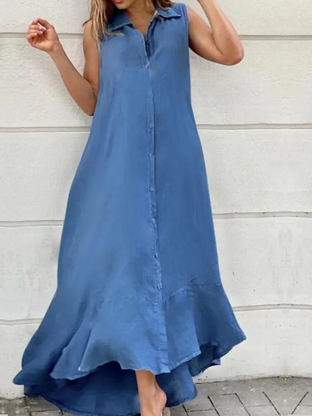 Loose Plain Shirt Collar Sleeveless Vacation Maxi Dress, Blue, Maxi Dresses