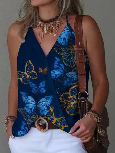 

Casual Spaghetti Loose Butterfly Tank Top, Dark blue, Tanks & Camis