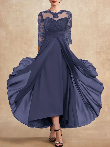 

Chiffon Urban Lace Crew Neck Dress, Blue, Formal Dresses