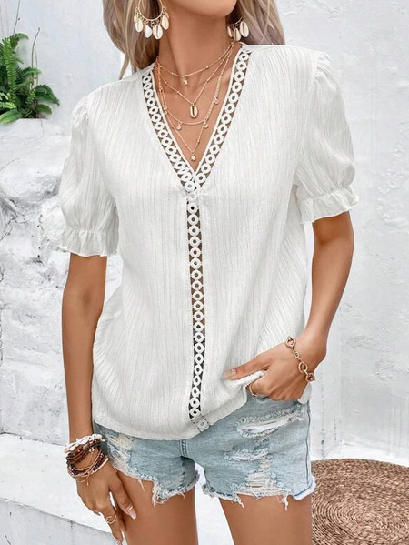 

Casual Lace Edge Puff Sleeve Loose Shirt, White, Shirts & Blouses