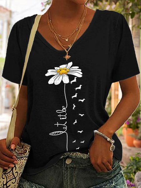 

Casual V Neck Floral Loose T-Shirt, Black, T-Shirts