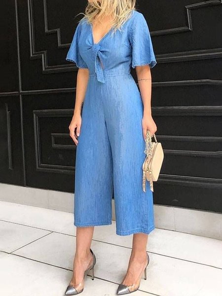 

V Neck Plain Casual Denim Jumpsuit, Blue, Jumpsuits